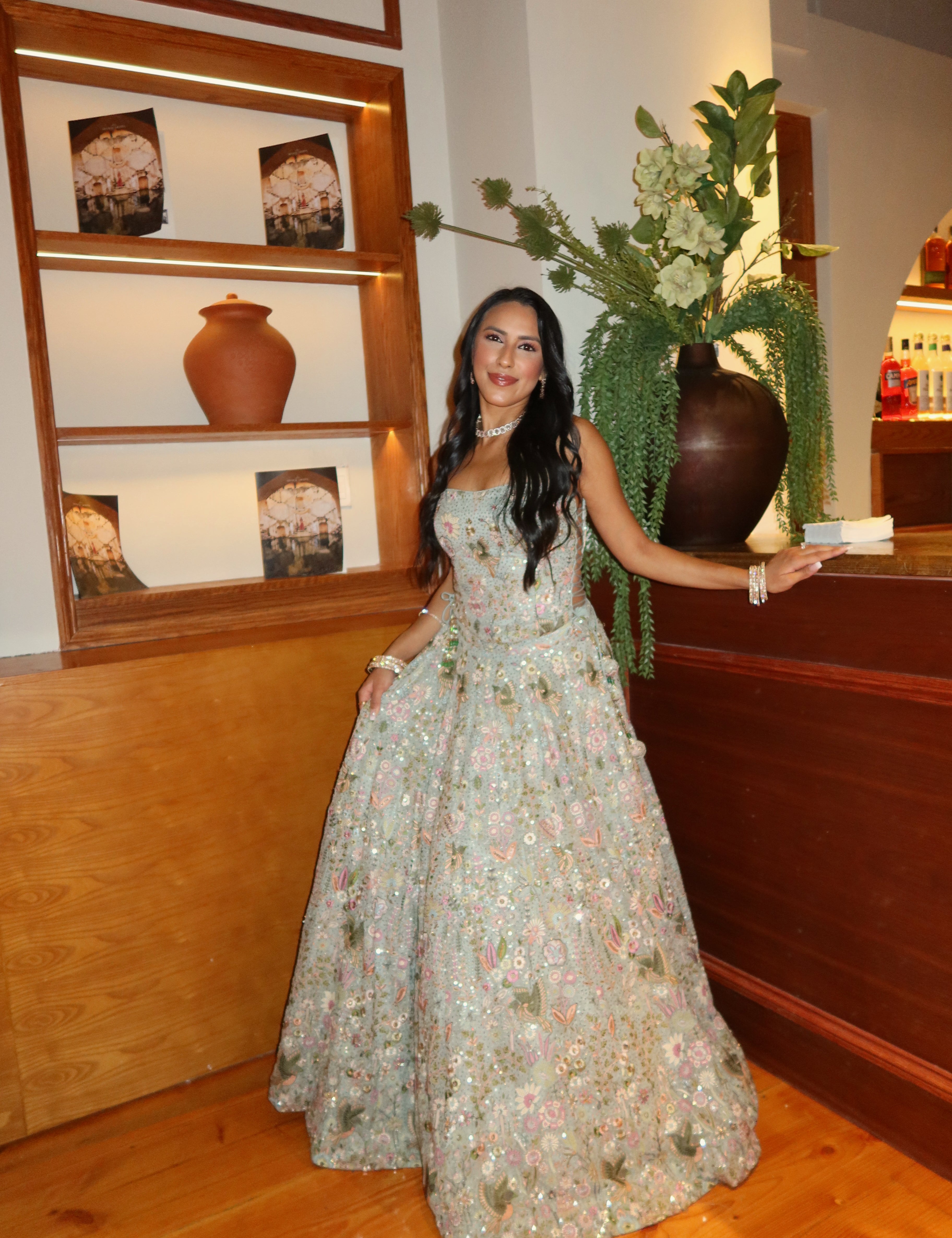 Enchanted Garden sage green floral embroidered lengha, full length