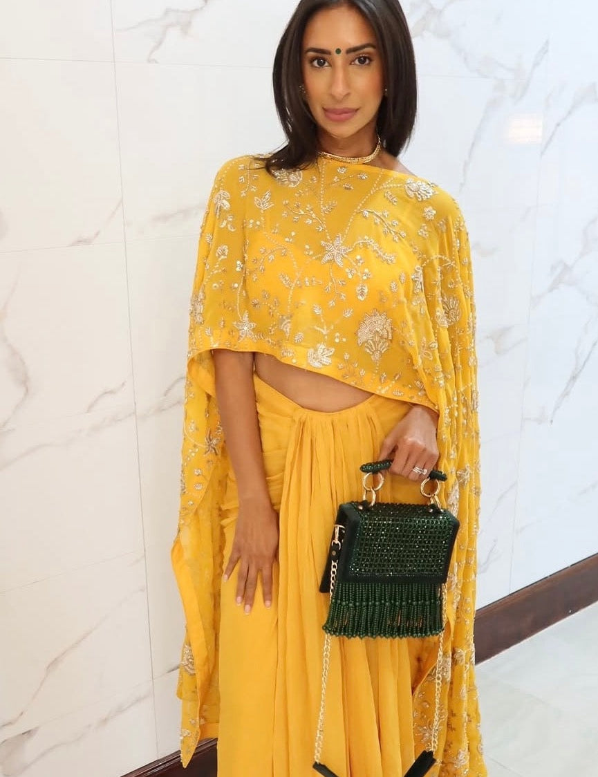 Haldi Layers yellow embroidered cape with draped skirt