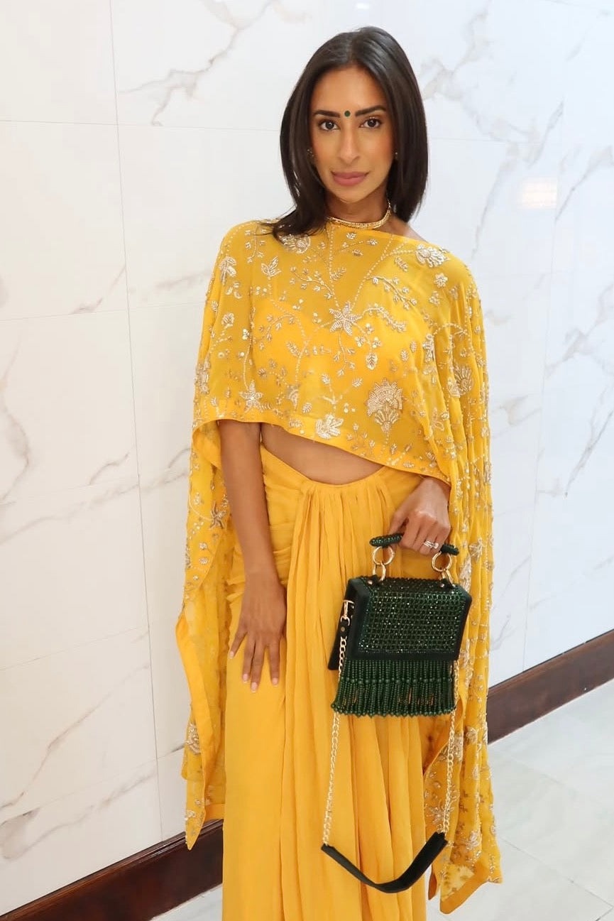 Haldi Layers yellow embroidered cape with draped skirt