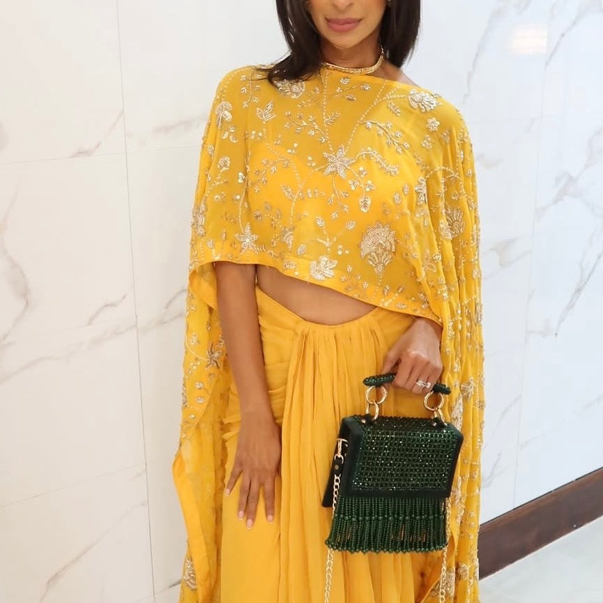Haldi Layers yellow embroidered cape with draped skirt